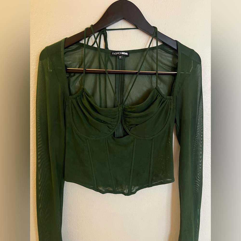 Women’s Dark Green Mesh Long Sleeve Top